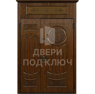 Входная железная двойная дверь с фрамугой, окном, ковкой и верхней вставкой ДПК-12471